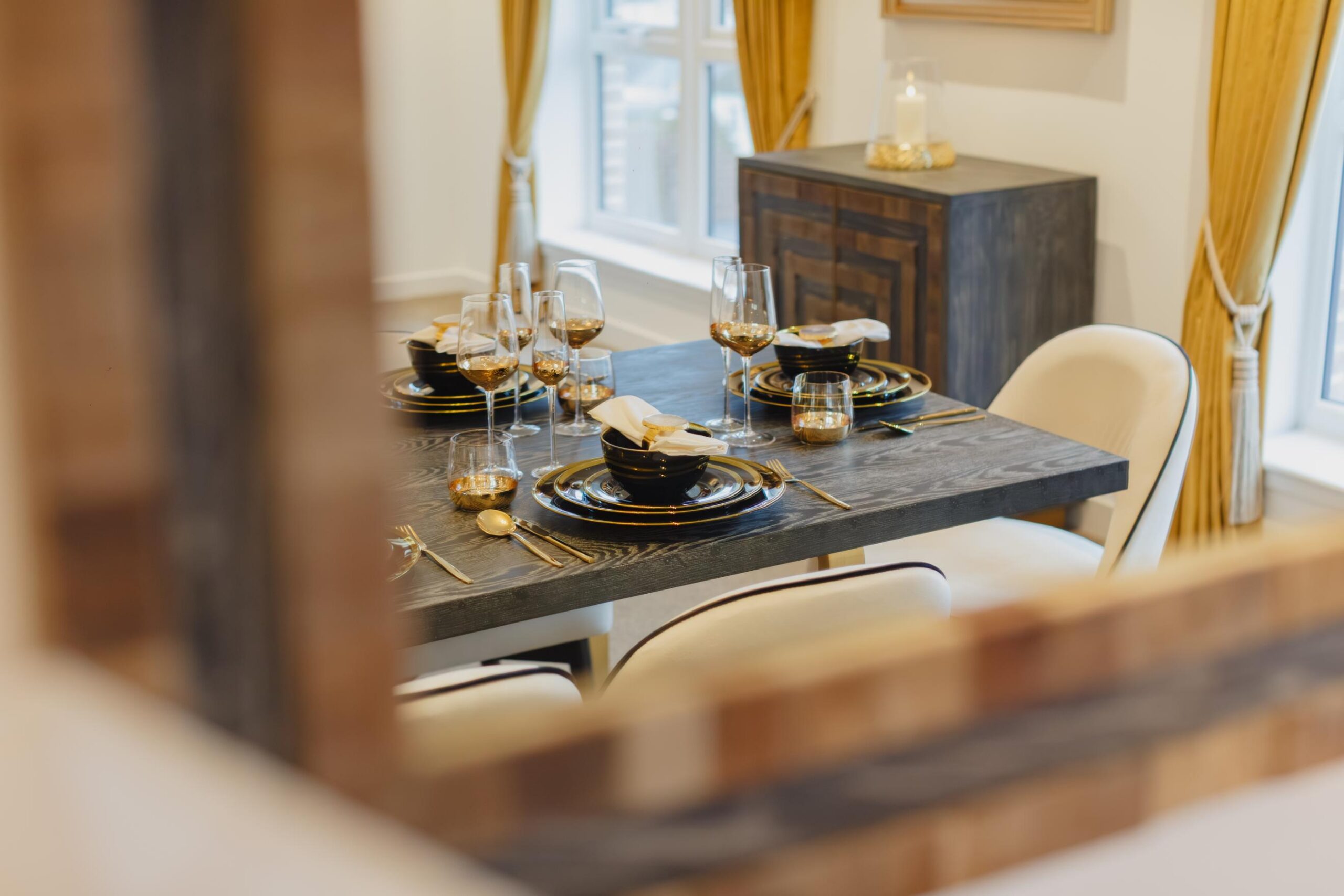 set table seen through a mirror