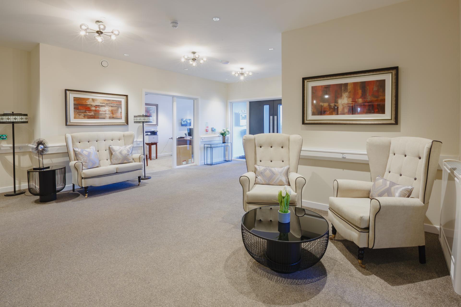 care home reception area with sofas