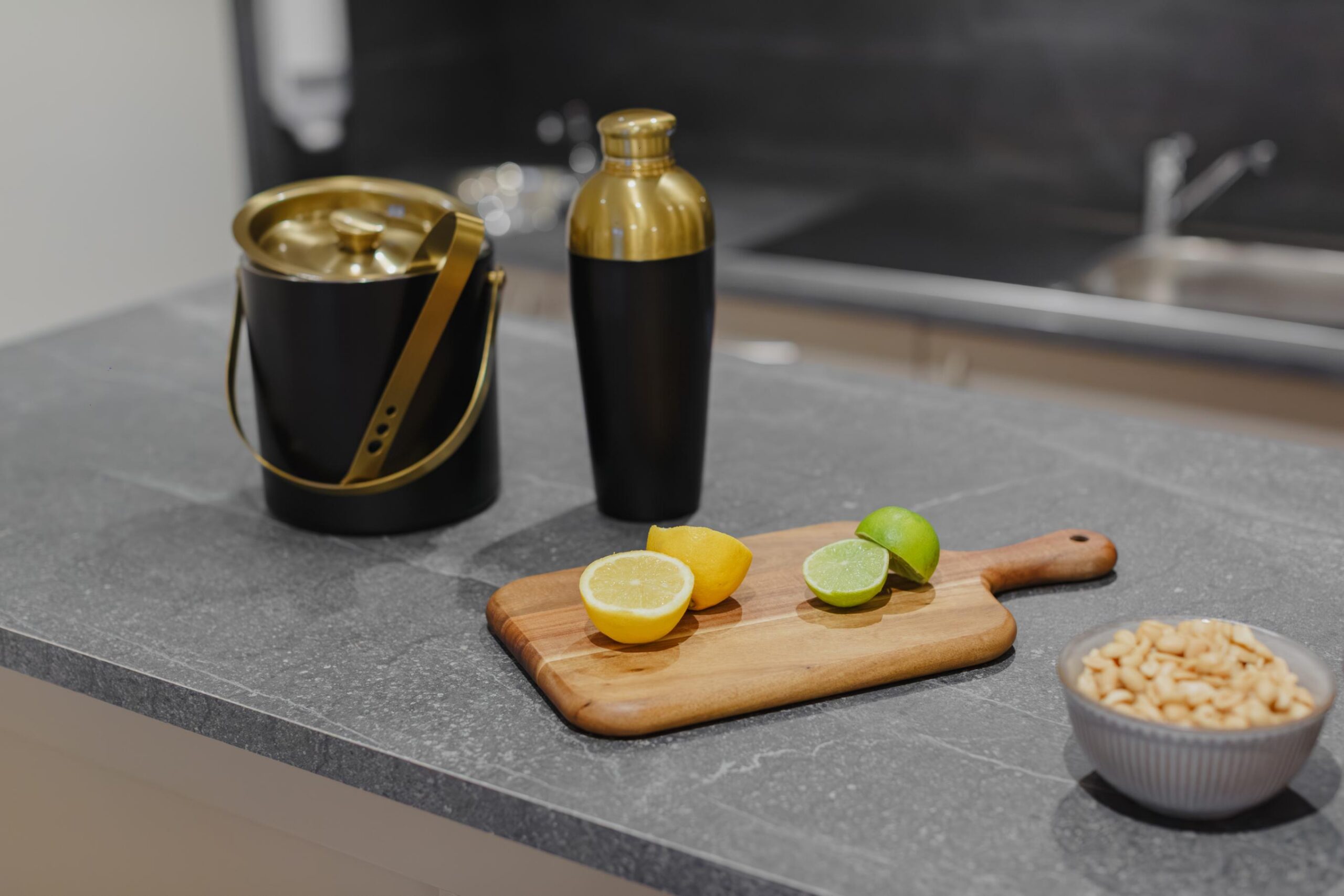 cocktail mixer with sliced lemon and lime on a bar top
