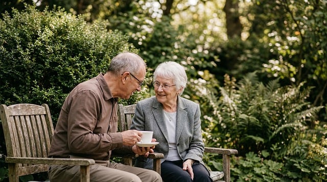 elderly couple on a garden bench